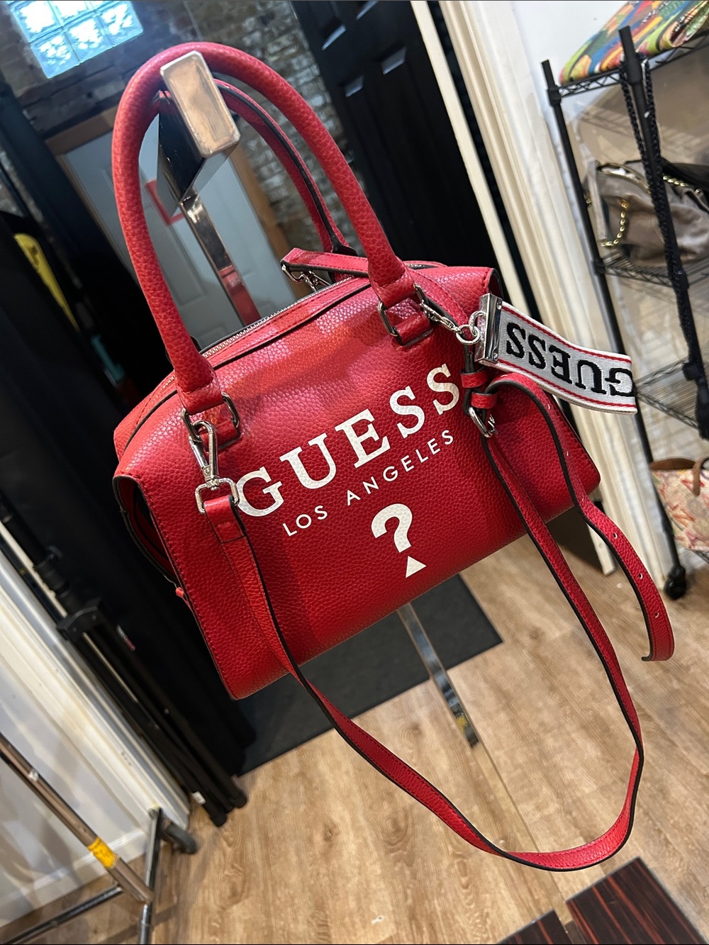 GUESS Red Los Angeles Logo Satchel with Removable Strap